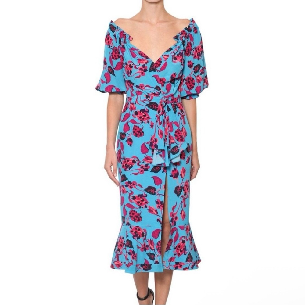 SALONI Red and Pink Ruffled Tie Front Midi Dress
